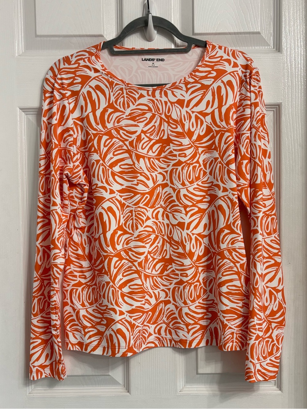 Lands' End Orange and White Leaf-Print Long Sleeve Swim Top UPF 50+ Size Medium